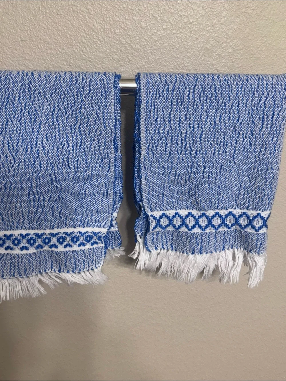 SET OF 5 Artisan Woven Boho Hand Towels - Blue & White hand made vintage